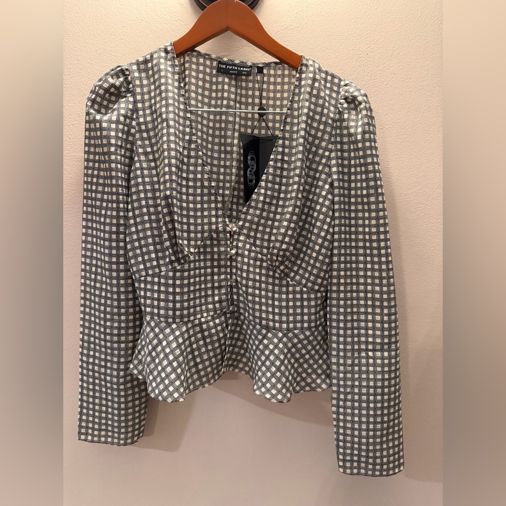 The Fifth Label Grid Check Peplum Top V-Neck Puff Sleeve Black White US 8 L‎ - Picture 4 of 6
